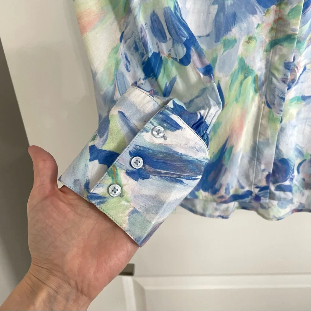 Bella Dahl Hidden Placket Button Up Blouse Painterly Floral. 14